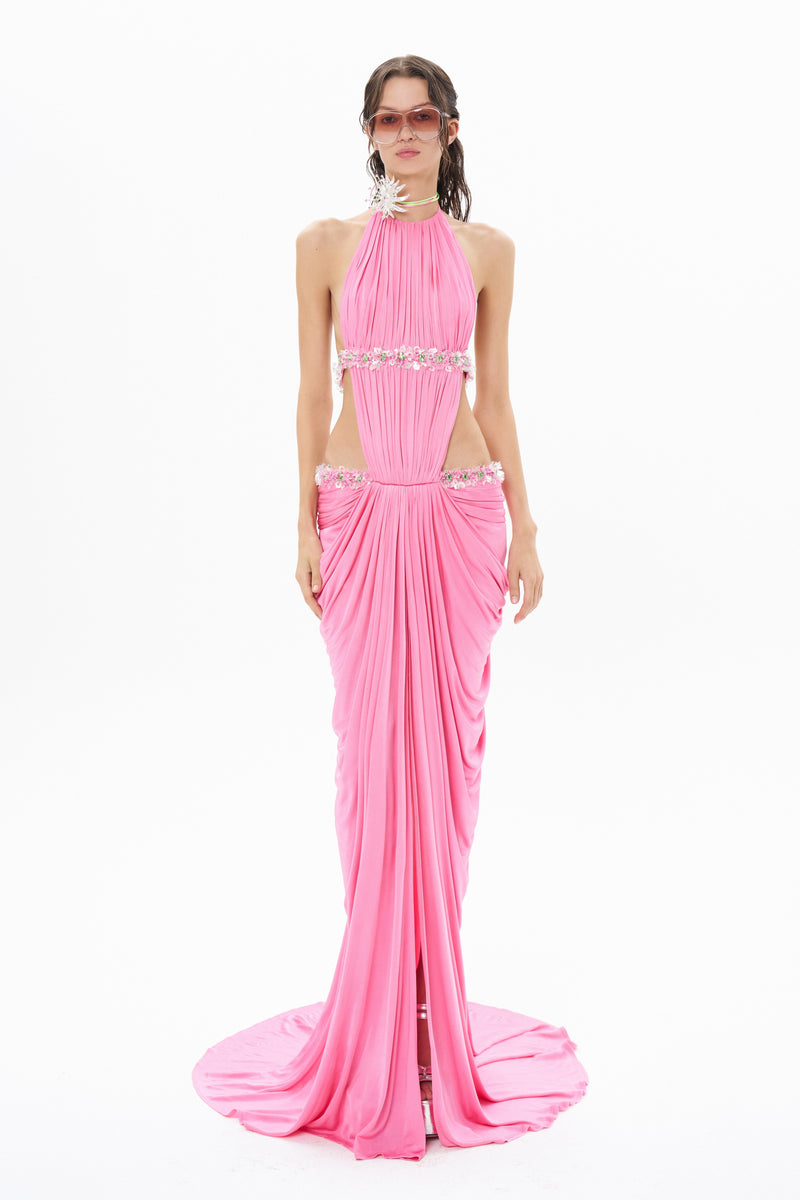 HALTER NECK DRAPED MAXI DRESS EMBELLISHED WITH SEQUINS