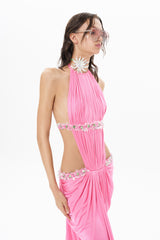 HALTER NECK DRAPED MAXI DRESS EMBELLISHED WITH SEQUINS