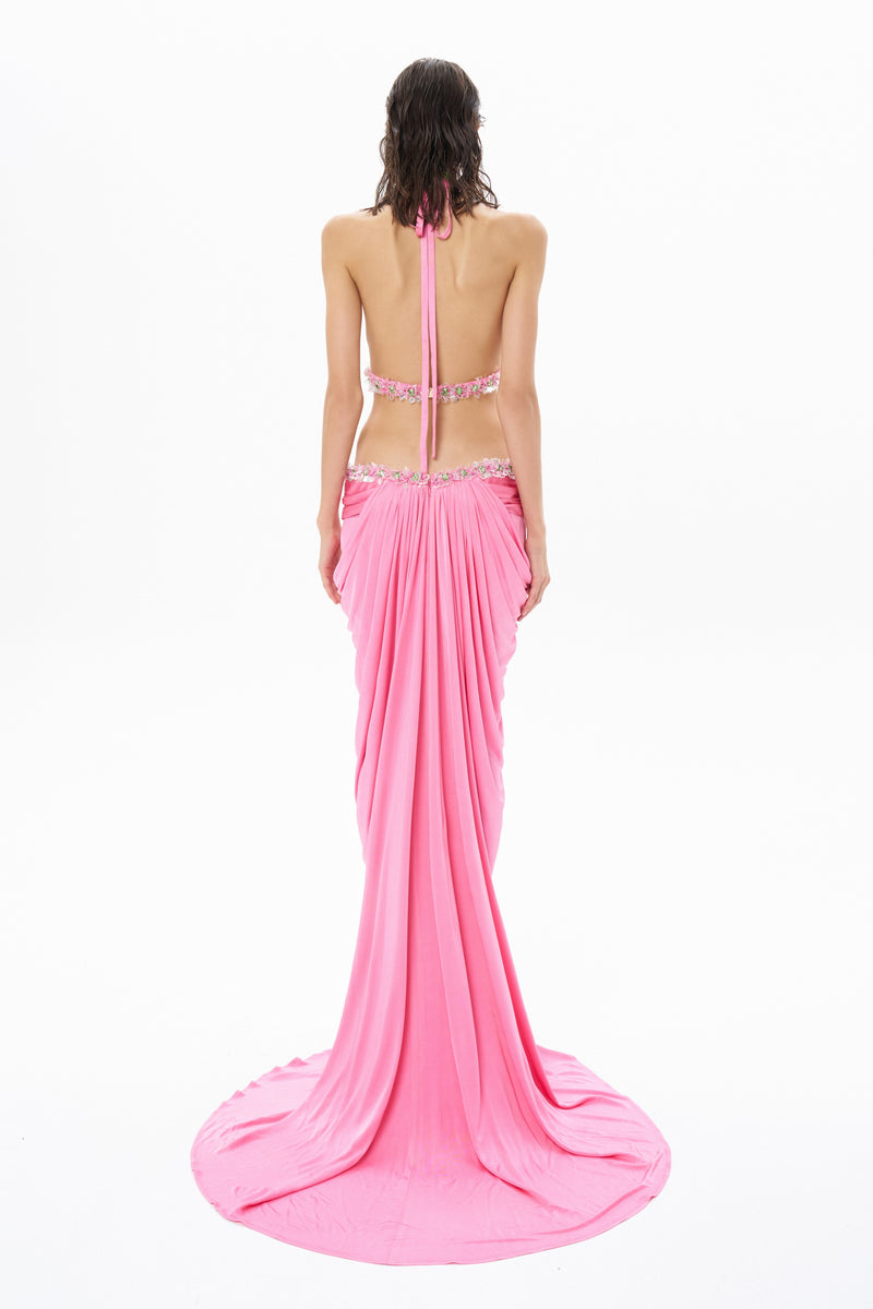 HALTER NECK DRAPED MAXI DRESS EMBELLISHED WITH SEQUINS