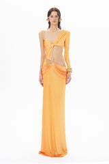 ASYMMETRIC CUT MAXI DRESS WITH ACCESSORY AND KNOT DETAILS