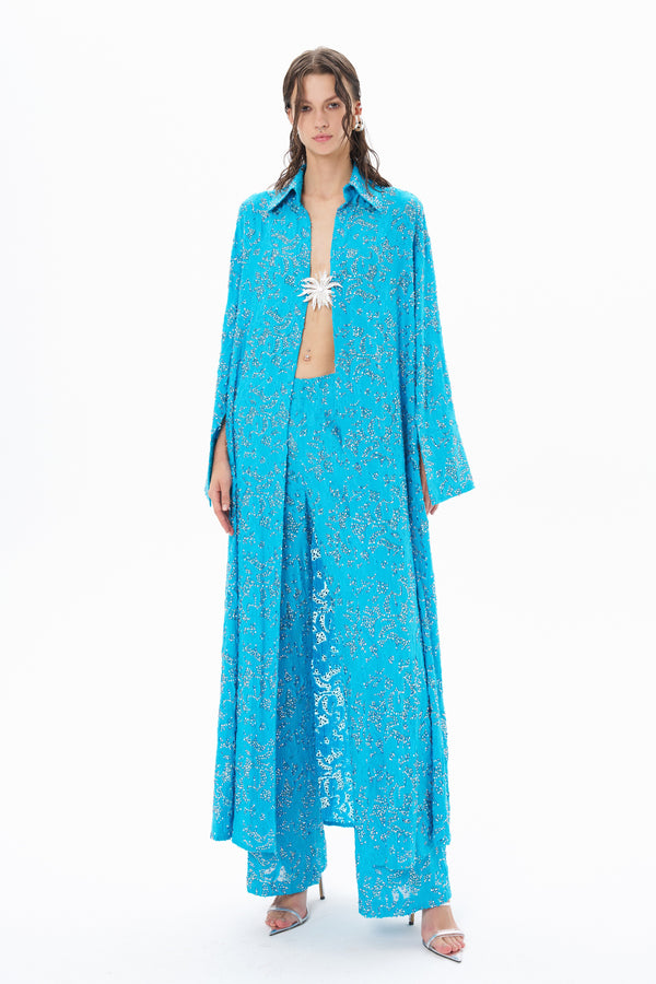 STONE TRIM BLUE KIMONO WITH COLLAR