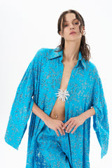 STONE TRIM BLUE KIMONO WITH COLLAR