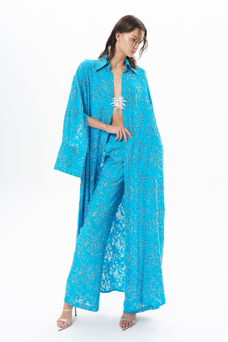 STONE TRIM BLUE KIMONO WITH COLLAR