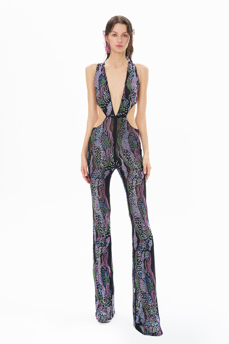 BLACK JUMPSUIT COLORFUL STONE TRIM WITH SIDE AND FRONT CUT DETAILS