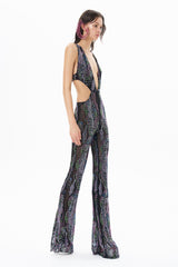 BLACK JUMPSUIT COLORFUL STONE TRIM WITH SIDE AND FRONT CUT DETAILS