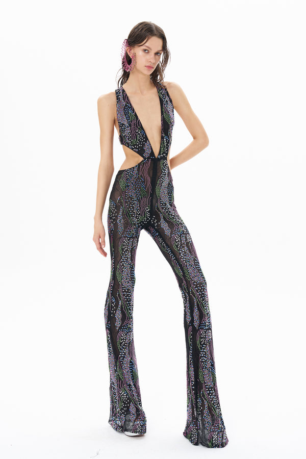 BLACK JUMPSUIT COLORFUL STONE TRIM WITH SIDE AND FRONT CUT DETAILS