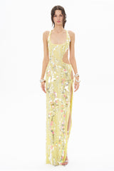 YELLOW MAXI DRESS WITH DEEP SLIT EMBELLISHED WITH COLORFUL SEQUINS