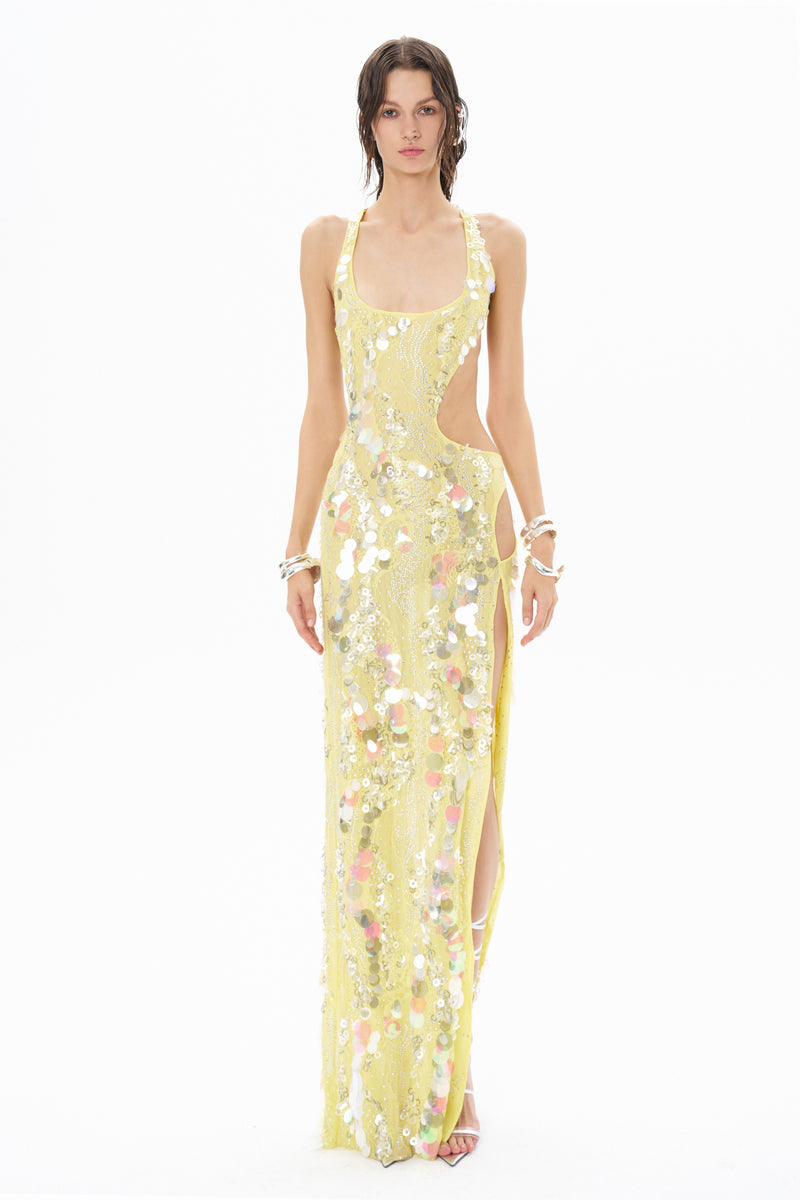 YELLOW MAXI DRESS WITH DEEP SLIT EMBELLISHED WITH COLORFUL SEQUINS