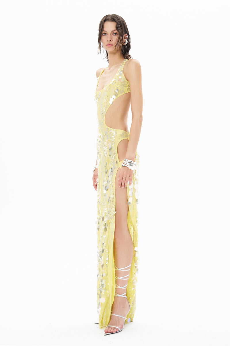 YELLOW MAXI DRESS WITH DEEP SLIT EMBELLISHED WITH COLORFUL SEQUINS