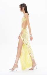 YELLOW MAXI DRESS WITH DEEP SLIT EMBELLISHED WITH COLORFUL SEQUINS