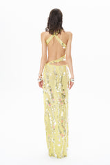 YELLOW MAXI DRESS WITH DEEP SLIT EMBELLISHED WITH COLORFUL SEQUINS