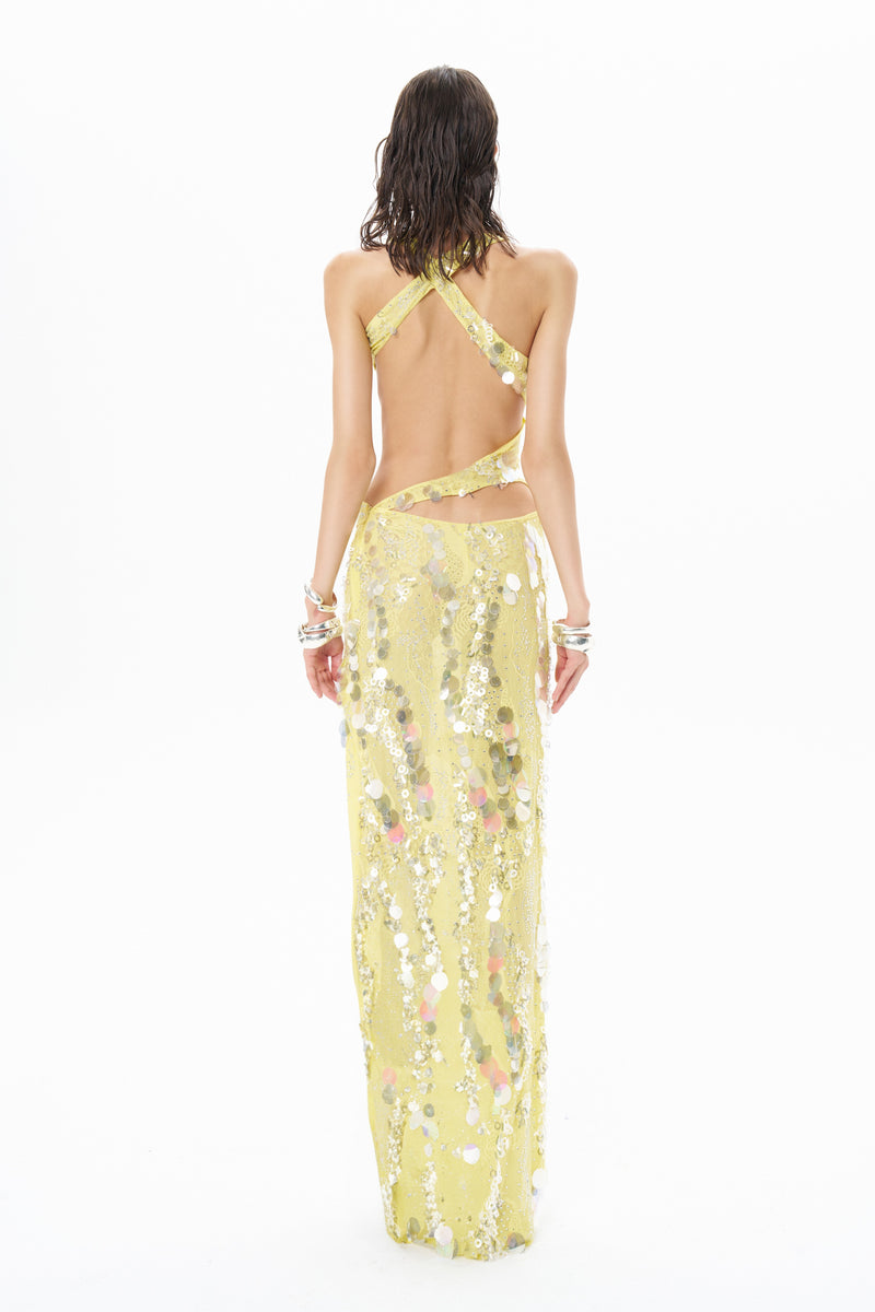 YELLOW MAXI DRESS WITH DEEP SLIT EMBELLISHED WITH COLORFUL SEQUINS