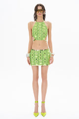 HALTER NECK GREEN CROP TOP EMBELLISHED WITH MIRROR SEQUINS