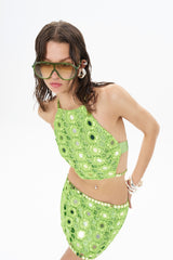 HALTER NECK GREEN CROP TOP EMBELLISHED WITH MIRROR SEQUINS