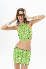 HALTER NECK GREEN CROP TOP EMBELLISHED WITH MIRROR SEQUINS