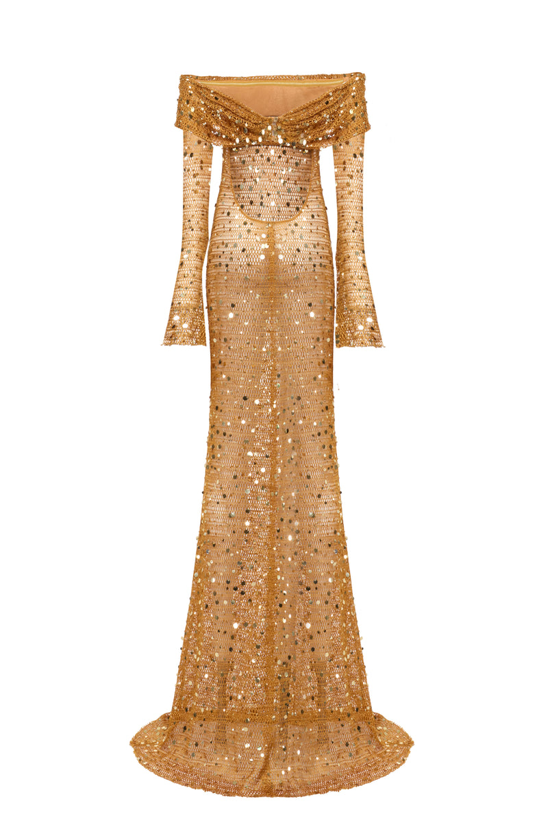 OFF SHOULDER FISHNET MAXI DRESS WITH SEQUIN EMBROIDERY Fardaofficial OFF SHOULDER FISHNET MAXI DRESS WITH SEQUIN EMBROIDERY Fardaofficial