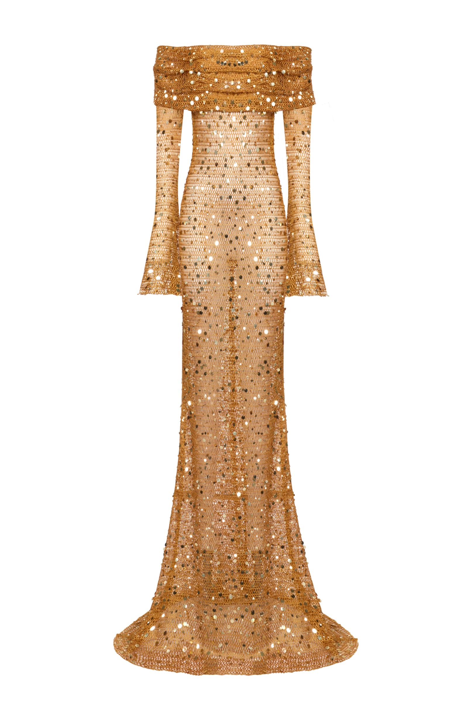 OFF SHOULDER FISHNET MAXI DRESS WITH SEQUIN EMBROIDERY  Fardaofficial