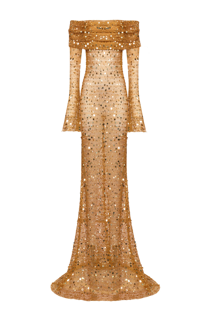 gold fishnet dress This gold metallic fishnet dress is STUNNING. I love that the shoulder ties are adjustable + that it has the two side slits to give it some extra pizazz. This is the perfect festival/concert outfit