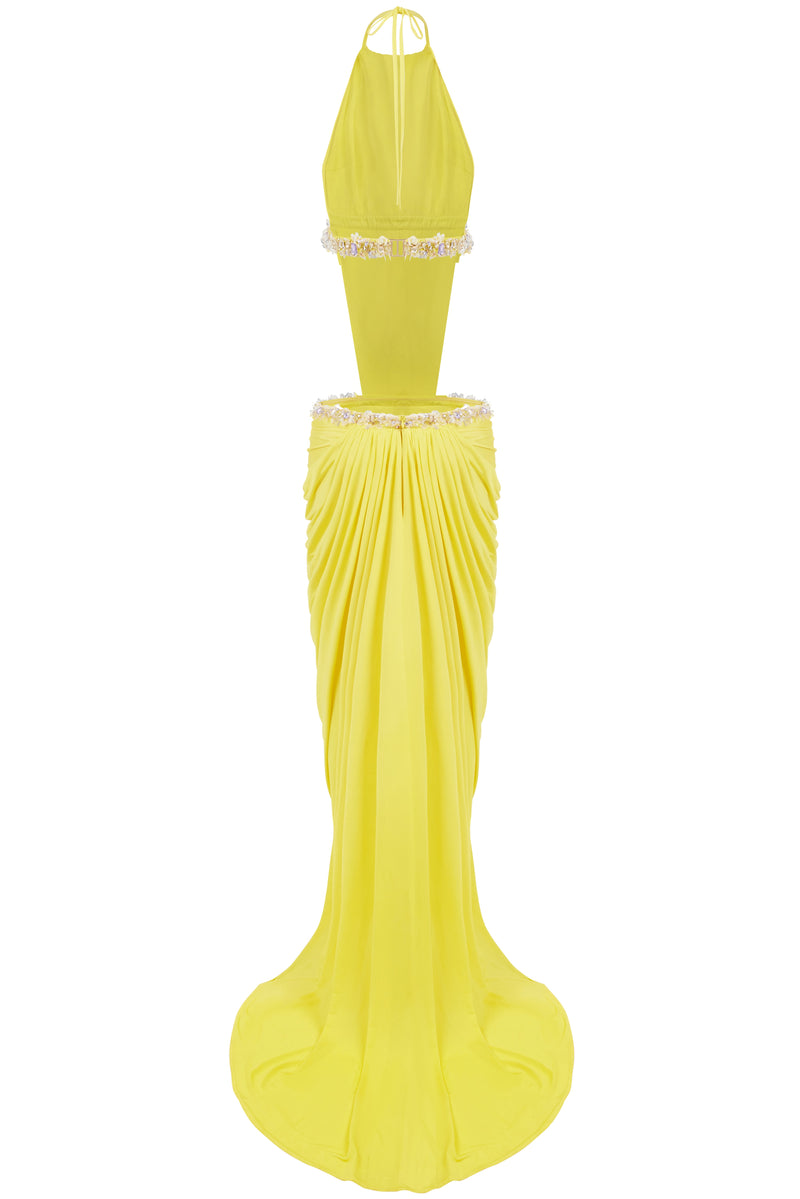 HALTER NECK CITRINE DRAPED MAXI DRESS EMBELLISHED WITH SEQUINS
