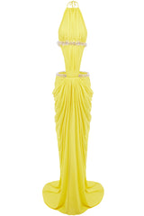 HALTER NECK CITRINE DRAPED MAXI DRESS EMBELLISHED WITH SEQUINS