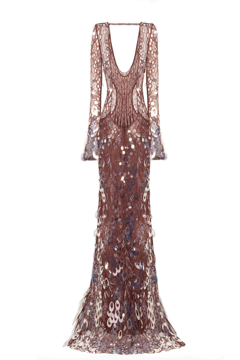 HANDMADE BROWN LACE MAXI DRESS WITH SEQUINS