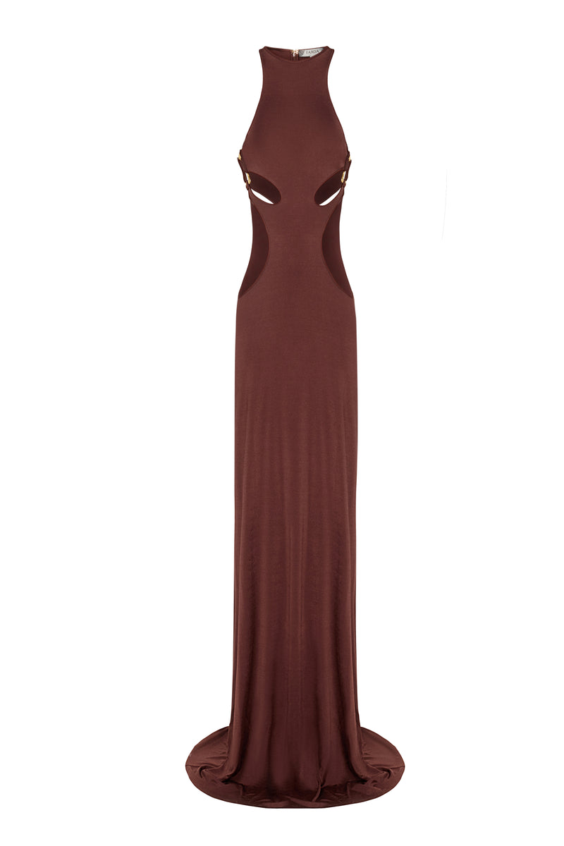 BROWN CUT OUT JERSEY MAXI DRESS