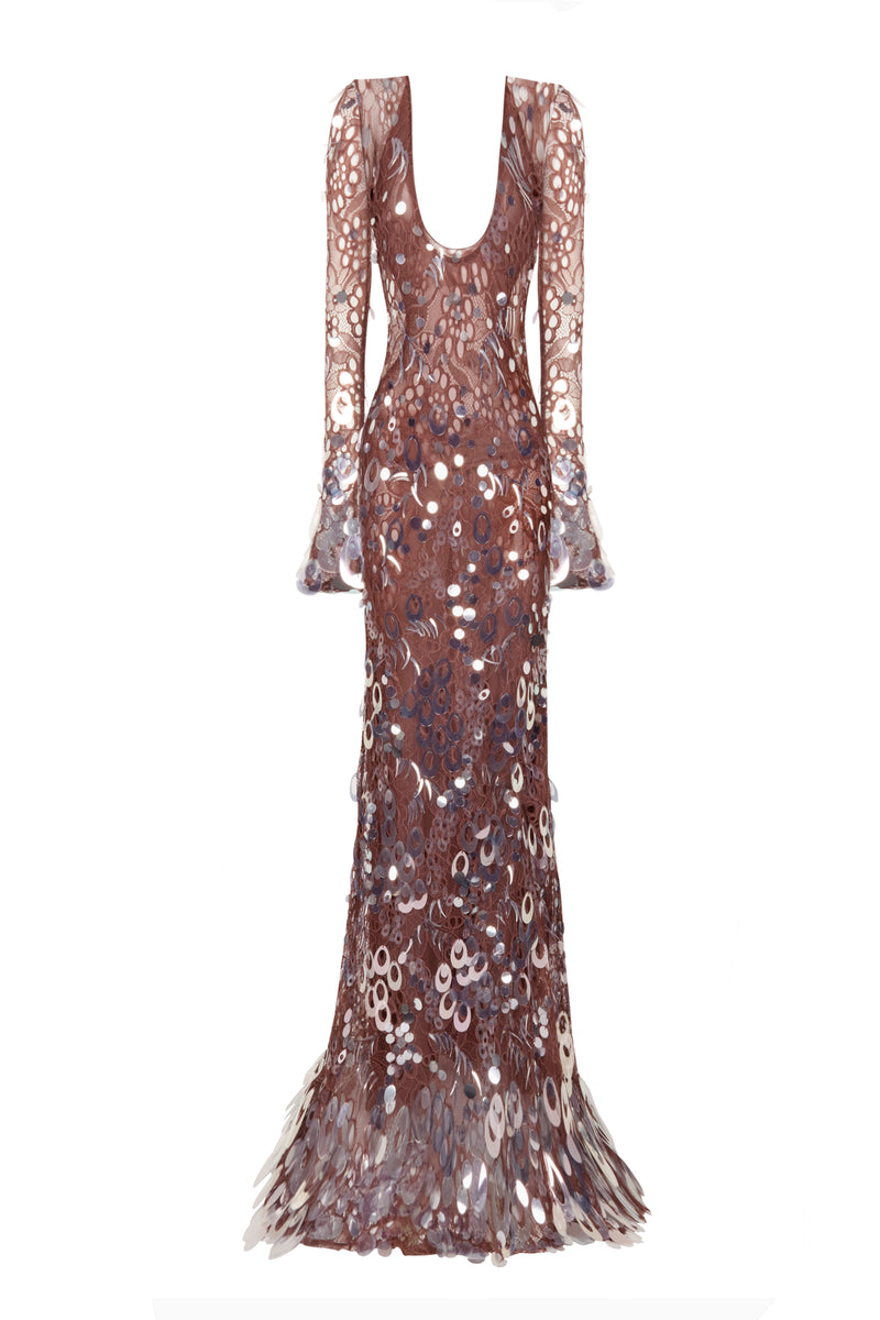 HANDMADE BROWN LACE MAXI DRESS WITH SEQUINS