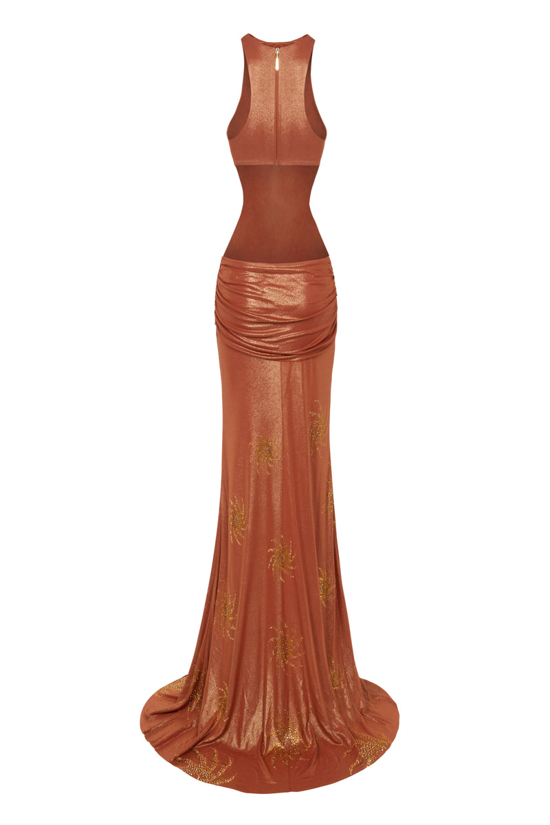 TERRA COTA MAXI DRESS WITH FLOWER STONE TRIM