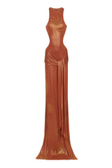 TERRA COTA MAXI DRESS WITH FLOWER STONE TRIM