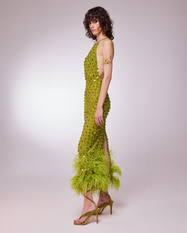 HANDMADE EMBROIDERED ANKLE LENGHT DRESS WITH OSTRICH FEATHER DETAILS