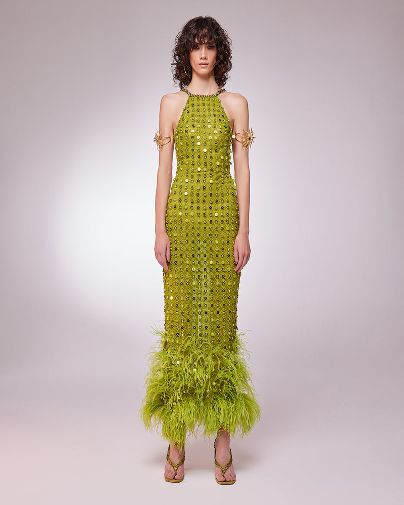 HANDMADE EMBROIDERED ANKLE LENGHT DRESS WITH OSTRICH FEATHER DETAILS