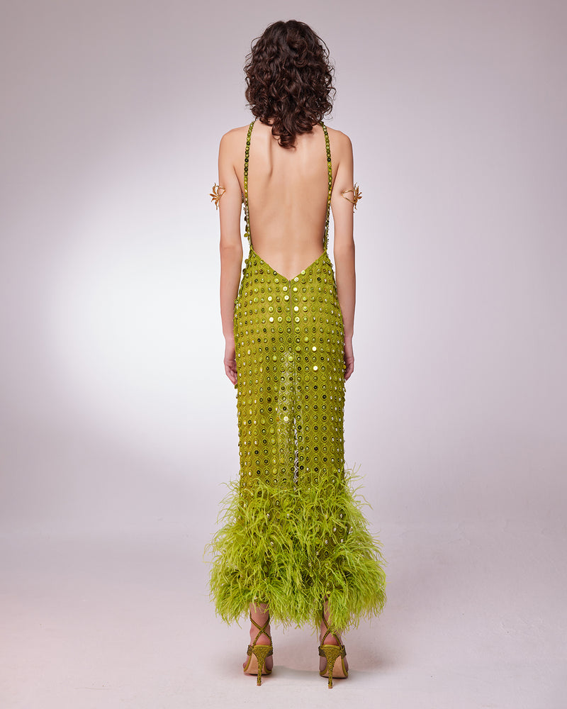 HANDMADE EMBROIDERED ANKLE LENGHT DRESS WITH OSTRICH FEATHER DETAILS – Fardaofficial HANDMADE EMBROIDERED ANKLE LENGHT DRESS WITH OSTRICH FEATHER DETAILS – Fardaofficial