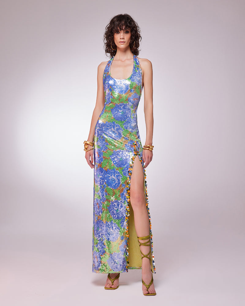 FLORAL PRINTED SEQUIN OPEN BACK SLIT DRESS