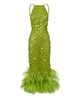 HANDMADE EMBROIDERED ANKLE LENGHT DRESS WITH OSTRICH FEATHER DETAILS