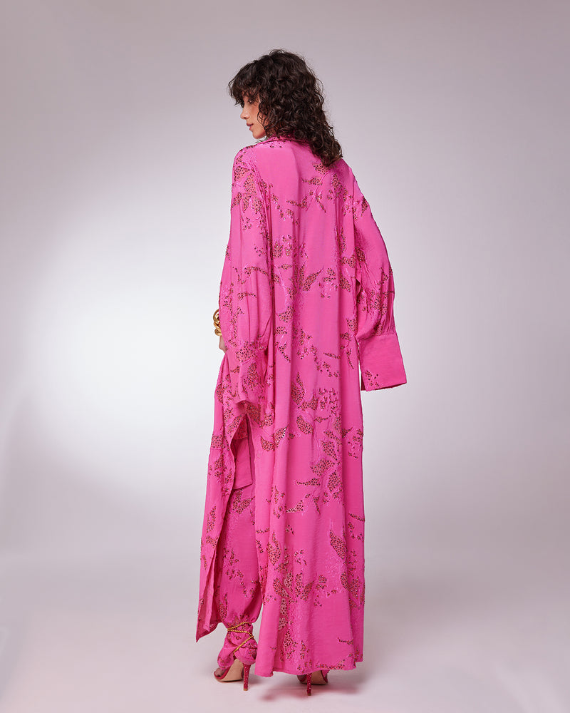 STONE TRIM FLORAL KIMONO WITH CUFFS