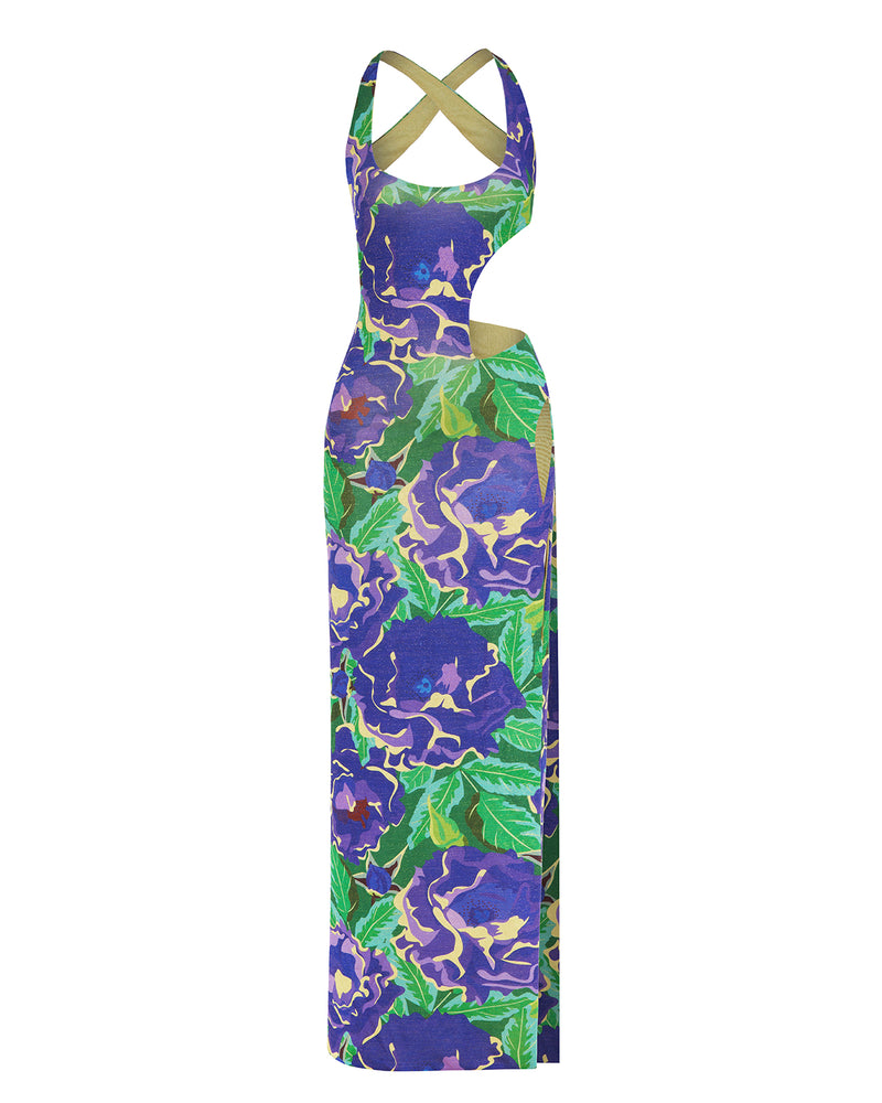 FLORAL PRINTED CUTOUT SLIT DRESS