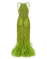 HANDMADE EMBROIDERED ANKLE LENGHT DRESS WITH OSTRICH FEATHER DETAILS