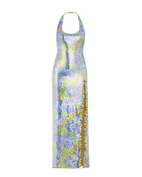 FLORAL PRINTED SEQUIN OPEN BACK SLIT DRESS