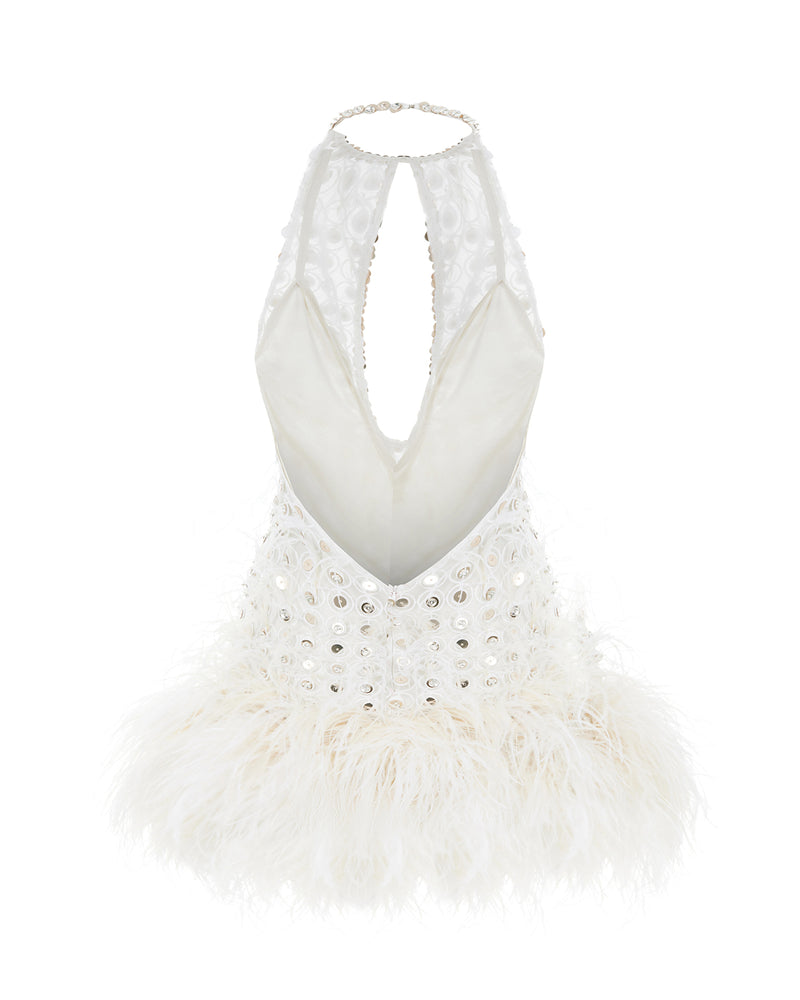 HANDMADE SEQUINED MINI DRESS WITH OSTRICH FEATHER DETAILS – Fardaofficial HANDMADE SEQUINED MINI DRESS WITH OSTRICH FEATHER DETAILS – Fardaofficial