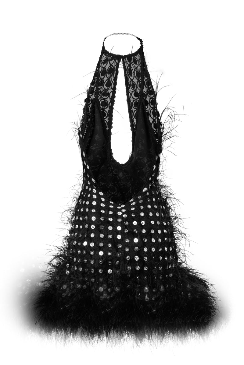 HANDMADE SEQUINED MINI DRESS WITH OSTRICH FEATHER DETAILS